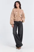 Balloon Crew Neck Cardigan with Floral Embroidery