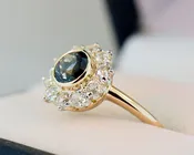 Antique Bezel Set Teal-Blue Sapphire & Old Euro Diamond Halo Ring