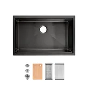 30″x19″ Stainless Steel Kitchen Sink, Single Bowl, Undermount Handmade Sink in Black, with Cutting Board, Colander, SS-BL07D-301908-2