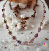 14K Rose Gold Necklace with certified Natural mixed colors sapphires Cabochons and diamonds