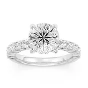 100 Facet Round Lab Grown Diamond Engagement Ring with Side Diamonds & Under Halo in 14k White Gold