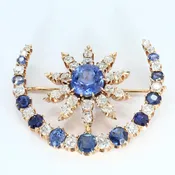 14k Rose Gold Crescent Brooch with Blue Sapphire &amp; White Diamonds