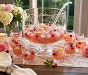 14 PC SET LARGE ETCHED GLASS PUNCH BOWL ETCHED FLORAL DESIGN WITH 12 CUPS & LADL