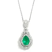 3.20ctw Teardrop Emerald Pendant Necklace with Diamonds 18K White Gold