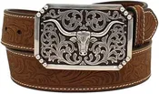 3D Western Belt Mens Floral Emboss Longhorn Buckle Brown D100012102