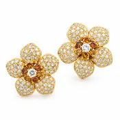 6 Ct White Diamonds 1 Carat Choc And White Dia Floral Earrings Jose Hess 23.8 Gram Of 18 Kt Yellow Gold