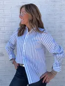 Adjustable Sleeve Button Front Woven Top - Navy Strip by Liverpool