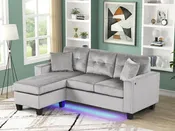 89342 Sorenza 74"W Gray Velvet Reversible Sectional Sofa Chaise with LED Light,USB Port & Pillows