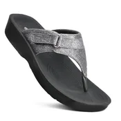 AEROTHOTIC L0350 GLYNIS GREY SHIMMER THONG SANDAL WITH ARCH SUPPORT AND ADJUSTABLE STRAP