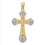 14k with Rhodium Diamond-cut Cross Pendant