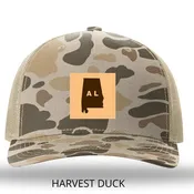 Alabama Outline Rectangle Leather Patch Harvest Duck Camo/Light Tan Richardson 112PFP Snapback Trucker Hat Lost Wando Outfitters