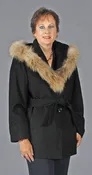 Black 100% Cashmere 30” Hood Parka with Natural Finn Raccoon Trim – size 10