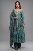 Aqua Mist Tropical Floral Flared Cotton Silk Anarkali Kurti Set