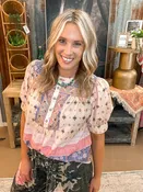 BORDER PRINT BLOUSE, KHAKI BLUE