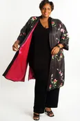 Dressy Lined Calf Length Kimono Roses Embroidered Black Pink Green Sizes 14 – 36