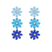 3 Tier Raffia Flower Linear Earrings - Blue/Multi/Gold
