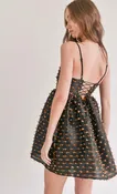 Black & Gold textured Lace-Up Mini Dress