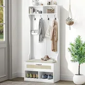 67" 3-in-1 Hall Tree Shoe Storage Bench and Coat Rack with 4 Hooks and 6 Compartments for Entryway