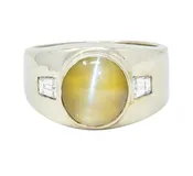 1960's Cat's Eye Chrysoberyl Diamond 14 Karat White Gold Three Stone Ring