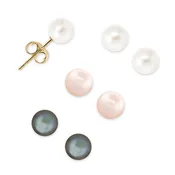 14k Gold White - Pink - Grey Freshwater Cultured Pearls Triple Set Stud Earrings