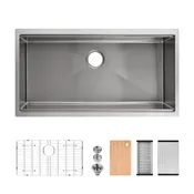 36″x19″ Stainless Steel Kitchen Sink, Single Bowl, Undermount Handmade Sink in Brushed, with Cutting Board, Colander, Grid, SS-BR07-361908