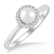 10Kt White Gold 5mm White Cultured Pearl & 0.07cttw Diamond Halo Ring