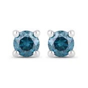0.25 Cttw Round Teal Blue Diamond Rhodium Plated Silver Solitaire Stud Earrings
