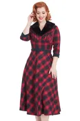 1940s-1950s Bette Red Plaid Semi-Swing Dress with Detachable Faux Fur Collar