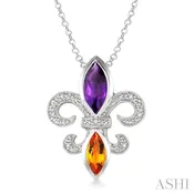 10x5 & 8x4 MM Marquise cut Amethyst and Citrine and 1/50 Ctw Round Cut Diamond Fleur De Lis Pendant in Sterling Silver with Chain