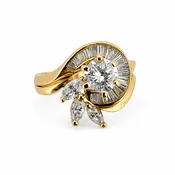 14K Yellow Gold Diamond Wedding Band Set, 1 CT Round, Marquise & Baguette