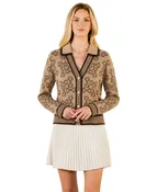 Equestrian Print Knit Cardigan with Gold Buttons