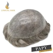 LYRICAL HAIR 0.10mm Thickness Durable Skin Knotted PU Human Hair System For Men 100% Hand Tied Woven Toupee for Men | Gray