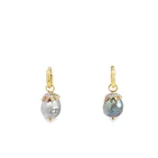 14k Yellow Gold Pave Diamond and Baroque Grey Pearl Earring Hoop Charms