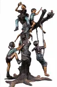 3 Boys and 2 Girls & Squirrel on Tree US Lost Wax Bronze Life-Size Children Garden Sculpture