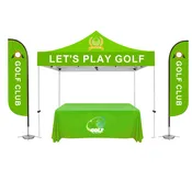 10’x10′ Deluxe White Steel Frame, Dye Sub Canopy, Two 11′ Feather Flag & 6′ Custom Table Throw