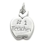 "#1 Teacher" Written on Apple in Kid's Writing. Sterling Silver Charm