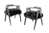 Pair of Midcentury Cerused Wood and Fur Scissor Leg Chairs