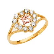 14K Tri-Color Gold CZ Heart Quinceañera Sweet 15 Ring