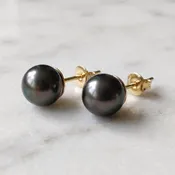 Black Tahitian Pearl Stud Earrings in Yellow Gold