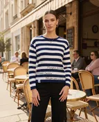 Navy and White Striped Script-Graphic Long Sleeve Top SW-115-