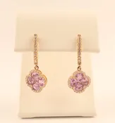 14KRG Pink Sapphire and Diamond Clover Drop Dangle Earrings