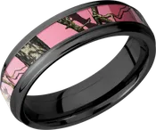 Cobalt chrome 6mm flat band with grooved edges and a 3mm inlay of Mossy Oak Pink Break Up Camo