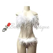 All white two-piece outfit with feathers