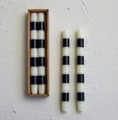 10" Black & Ivory Stripe Taper Candles, Set of 2