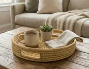 100% Handwoven Natural Rattan 15" Round Serving Tray, Boho Farmhouse Kitchen, Dining & Home Decor, Handcrafted - Authentic African Craftsmanship