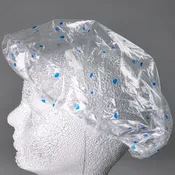 0.8 Mil LDPE Shower Cap - Elastic Fit, Clear with Blue Dots, 100/Case