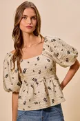 Beige Rose Print Textured Square Neck Short Sleeve Blouse