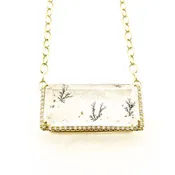 18k Gold Dendritic Quartz Necklace with Rectangle Diamond Halo
