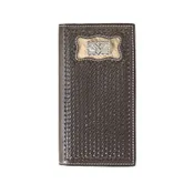 3D Brown Basket Weave Tooled Rodeo Wallet with Calf Hair Inlay & Cross Concho