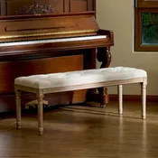 Banc vintage français extra long tapissé avec cadre en bois sculpté